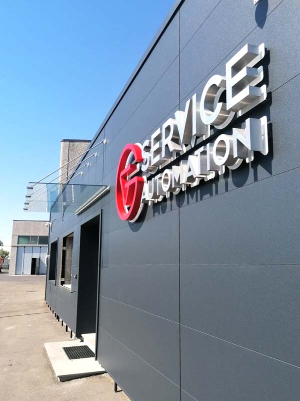 insegna retroilluminata acciaio inox satinato g service automation scandiano