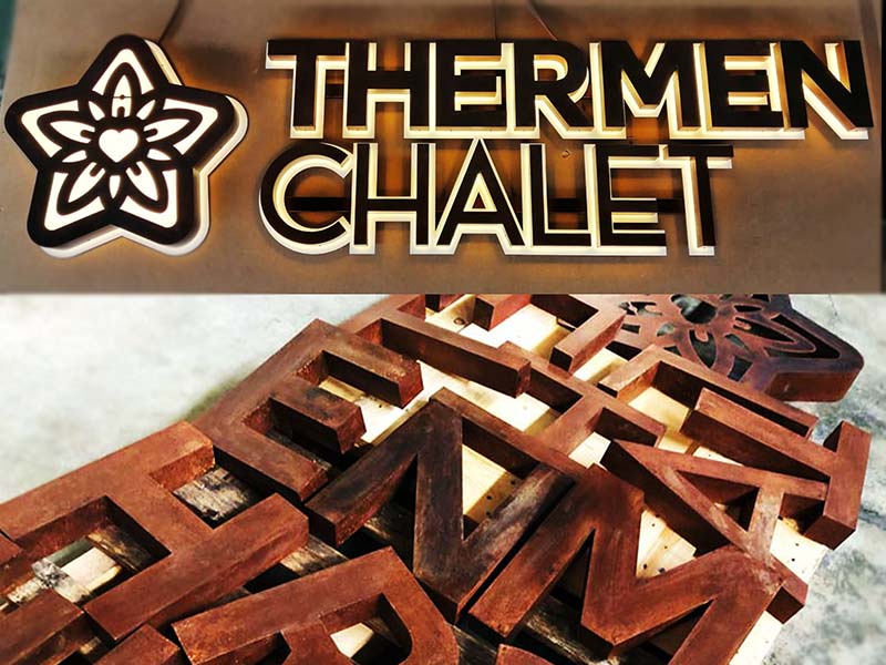 Thermen Chalet - Insegna scatolata retroilluminata in acciaio ossidato