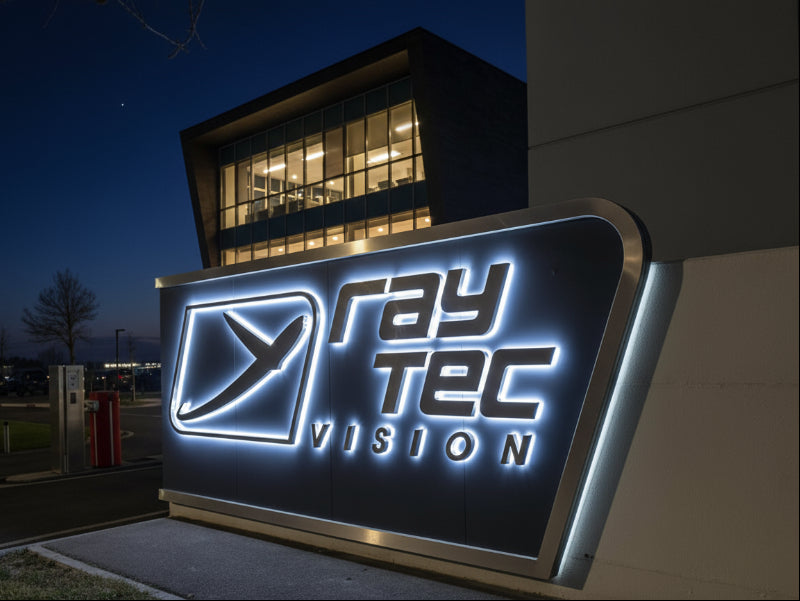 Insegna a Led costituita da lettere scatolate in acciaio Inox con retroilluminazione proiettata su muro recinzione retrostante