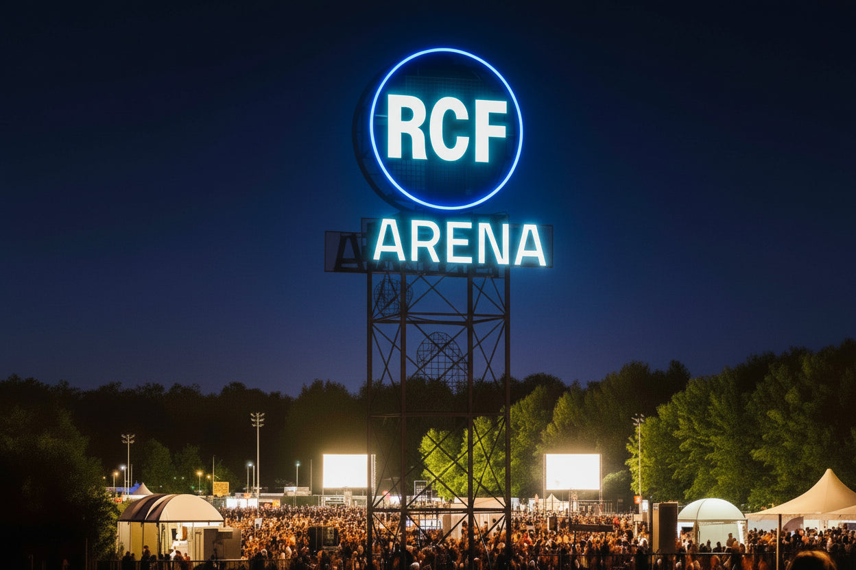 insegna luminosa su traliccio in acciaio, composta da lettere scatolate di colore bianco ed anello luminoso blu, inaugurata presso RCF arena reggio emilia per concerto Ligabue