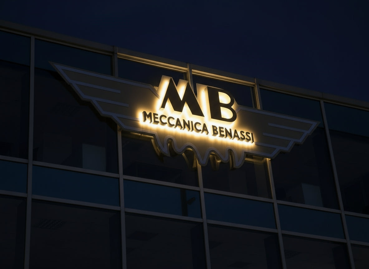 insegna retroilluminata acciaio inox meccanica benassi ferrara