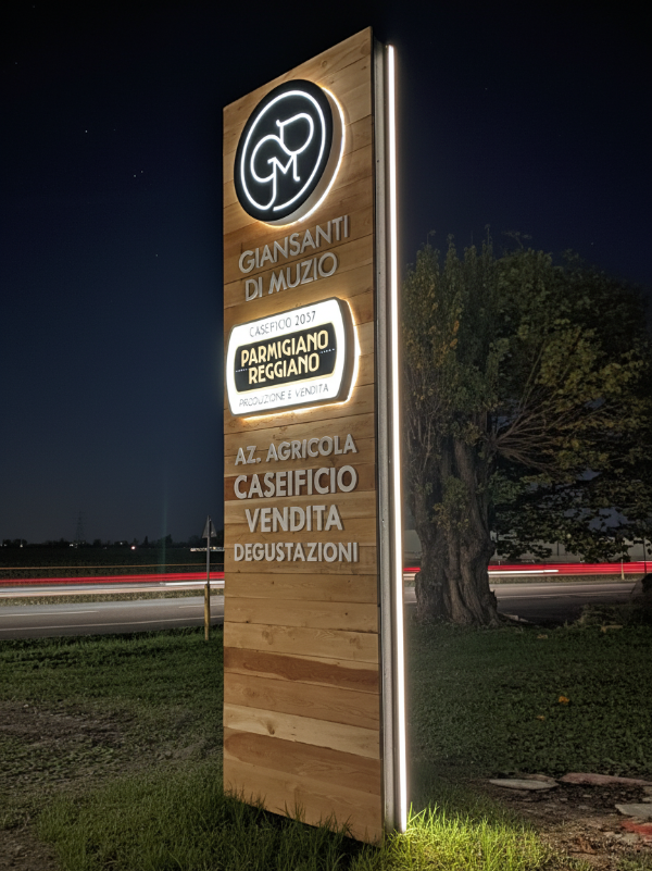 totem in legno con loghi luminosi adatto per azienda agricola