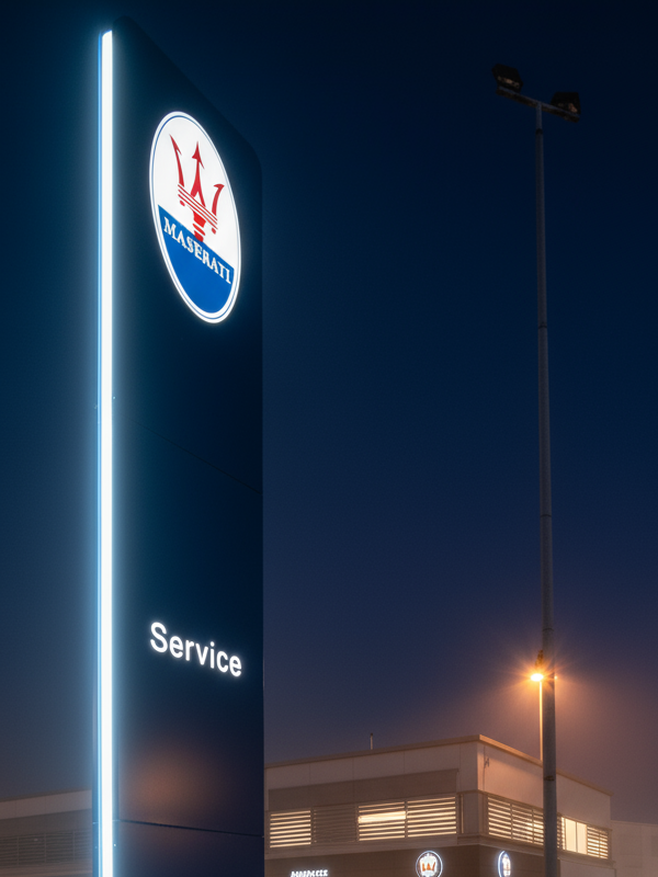 Totem luminoso di colore blu, logo e dicitura SERVICE illuminati