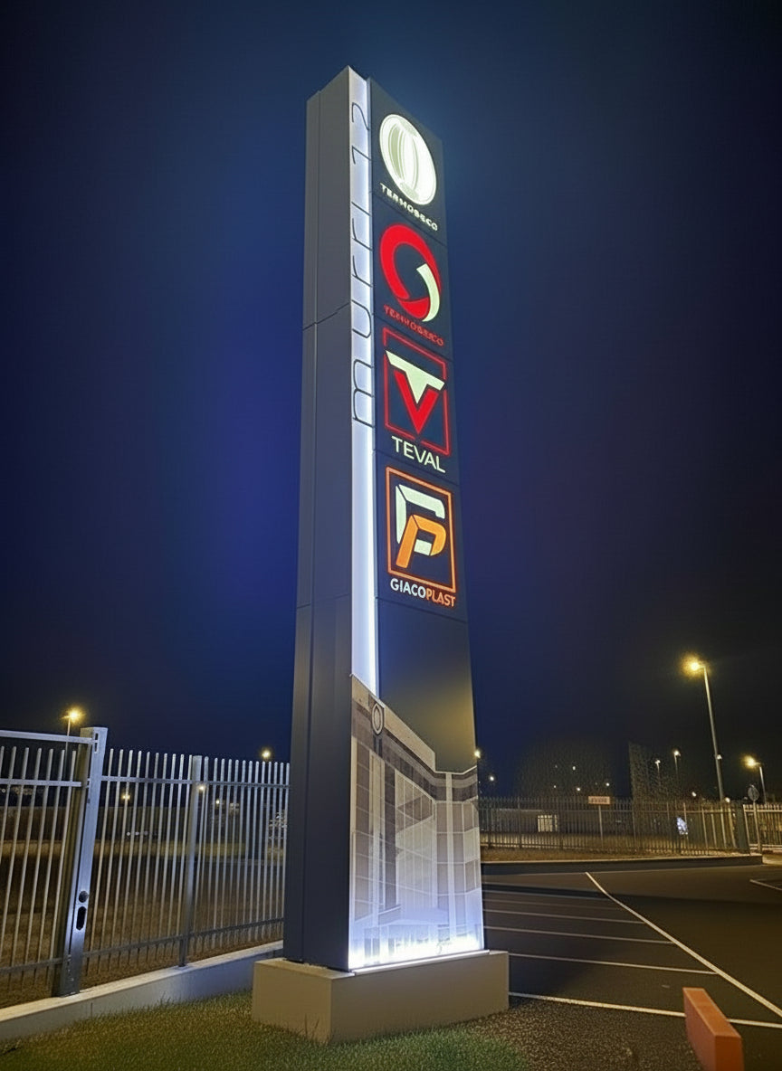 Totem personalizzato con banda laterale ed immagine alla base illuminata da bordo a Led a luce radente e loghi luminosi