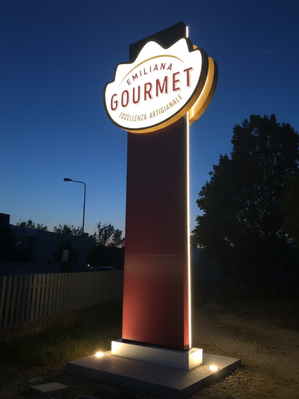 Totem costituito da stelo di colore marrone ed insegne luminose a forma di tortellino 