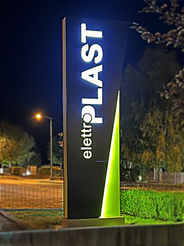 totem per esterni luminoso in alluminio di colore antracite e verde con bordo laterale luminoso a Led