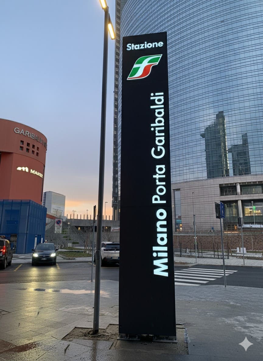 Totem luminoso stazione Milano Porta Garibaldi